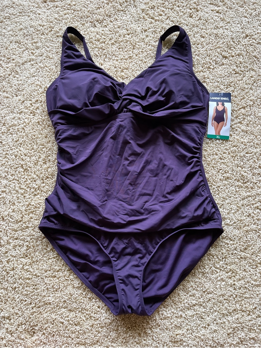 NWT Lands End Womens Dark Purple Ruched 1-Piece Swimsuit XL Tummy Control UPF50